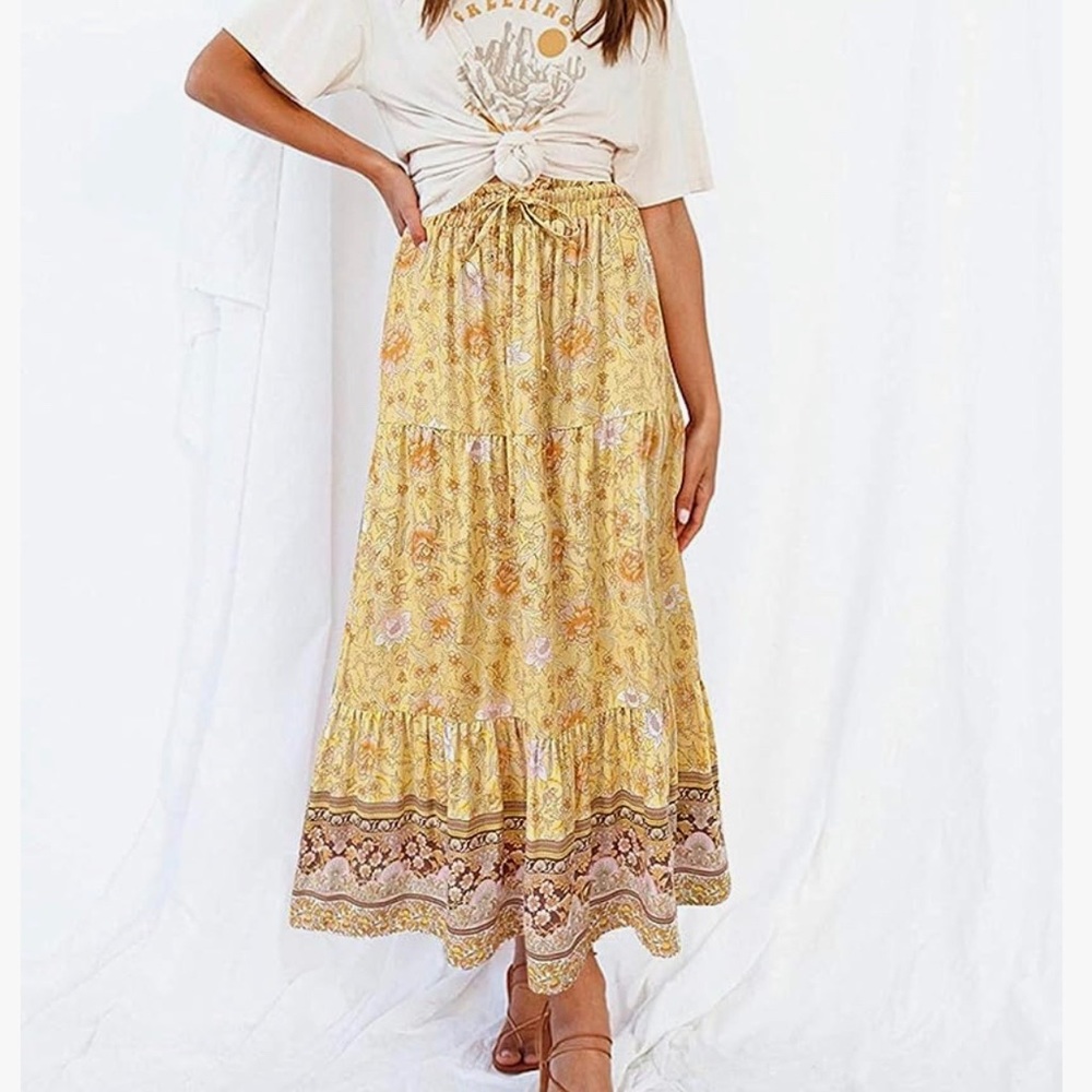 MEROKEETY Women's Boho Floral Print Elastic High Waist Pleated A Line Midi Skirt